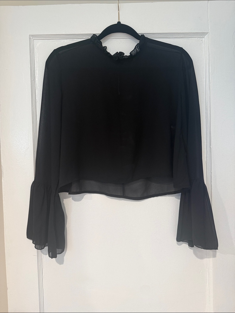 Black Ruffle Neck Sheer Crop Top